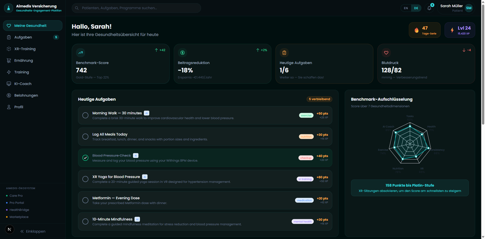 Aimedis Insur patient dashboard with benchmark score, premium reduction and daily tasks